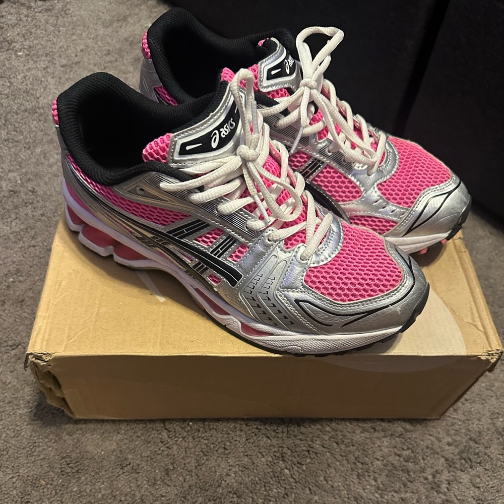 White grey and pink ASICS gel kayano 14